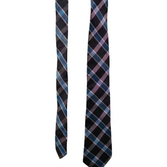 Men's Plaid Tie Blue Black Gray Diagonal Striped Skinny Neck Accessory - Picture 3 of 7